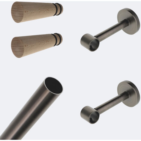 Kit de tringle à rideaux Carbone 200cm Diam.20mm Embout Cône Bois - Fixation Mur - Boulet
