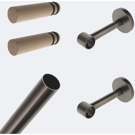 Kit de tringle à rideaux Carbone 200cm Diam.20mm Embout Cylindre Droit Bois - Fixation Mur - Boulet