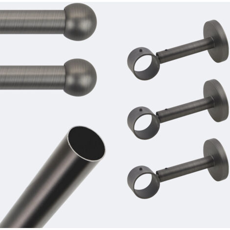 Kit de tringle à rideaux Carbone 250cm Diam.28mm Embout Boule - Fixation Mur - Boulet