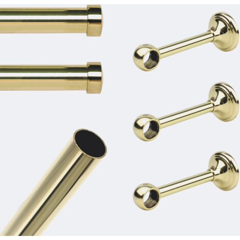Kit de tringle à rideaux Laiton Poli Verni 250cm Diam.20mm Embout Capuchon - Fixation Mur - Boulet