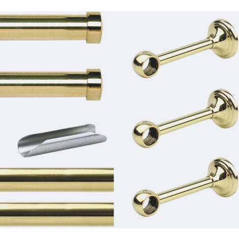 Kit de tringle à rideaux Laiton Poli Verni 300cm Diam.20mm Embout Capuchon - Fixation Mur - Boulet