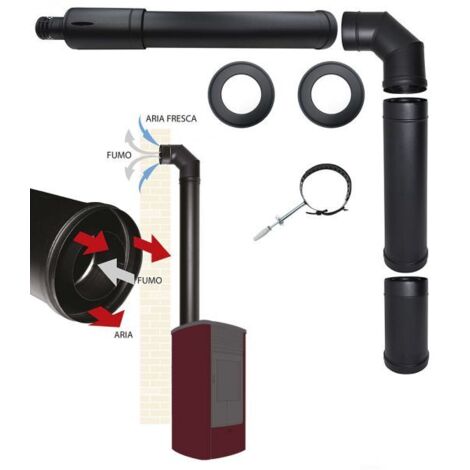 Kit de tubos para chimenea de estufa de pellets con salida coaxial superior DN 80 130, escape de humos y aspiración de aire, hecho en Italia