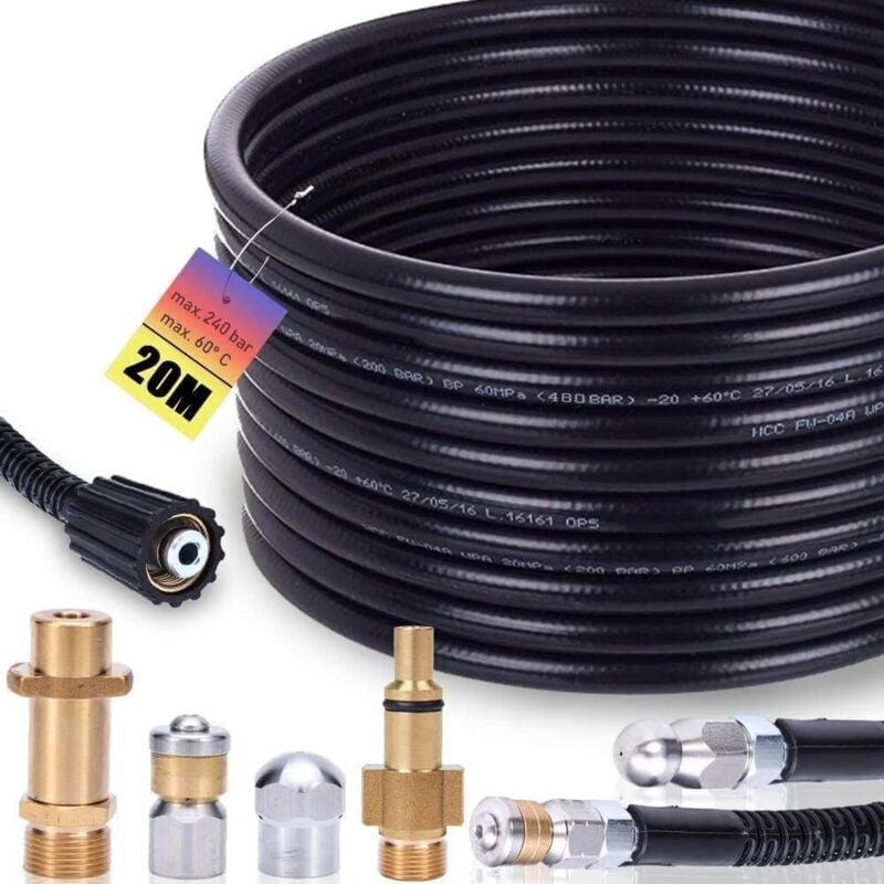 Xiiw - Kit de tuyau de nettoyage de canalisations 20 m, 200 bar avec adaptateur M22, buses rigides + rotatives pour K2, K3, K4, K5, K6, K7 & Lavor