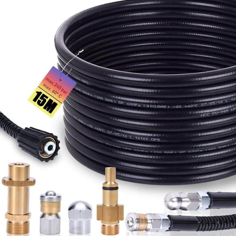 Xiiw - Kit de tuyau de nettoyage de canalisations 15 m, 200 bar avec adaptateur M22, buses rigides + rotatives pour K2, K3, K4, K5, K6, K7 & Lavor