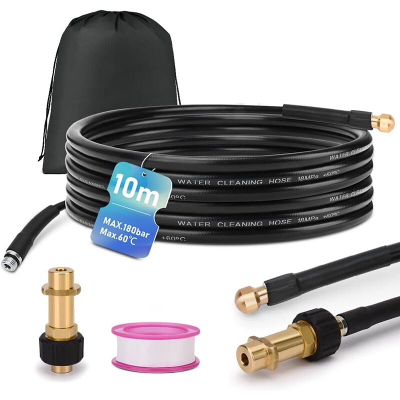 Xiiw - Kit de tuyau de nettoyage de canalisations de 10 m, 180 bar, avec sac avec adaptateur M22, kit de nettoyage universel, compatible avec les