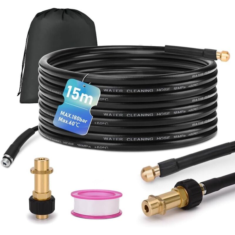 Xiiw - Kit de tuyau de nettoyage de canalisations de 15 m, 180 bar, avec sac avec adaptateur M22, kit de nettoyage universel, compatible avec les