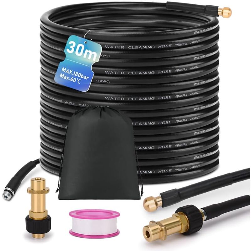 Xiiw - Kit de tuyau de nettoyage de canalisations de 30 m, 180 bar, avec sac avec adaptateur M22, kit de nettoyage universel, compatible avec les