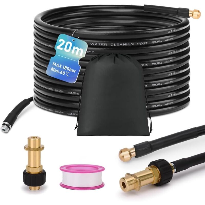 Xiiw - Kit de tuyau de nettoyage de canalisations de 20 m, 180 bar, avec sac avec adaptateur M22, kit de nettoyage universel, compatible avec les
