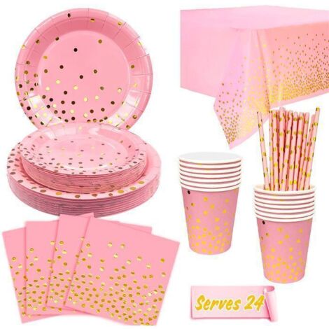 Kit de Vaisselle et Décorations de Fête - INBOXXARTY - Rose - 121 Pièces - Assiettes en Papier - Pour Enfants