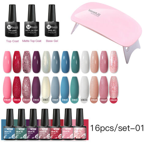 Kit de vernis à ongles Gel Semi-Permanent avec lampe UV, 16 pièces, couleur chair, rose, paillettes, Base, mat, couche de finition, Nail Art,ZH15552