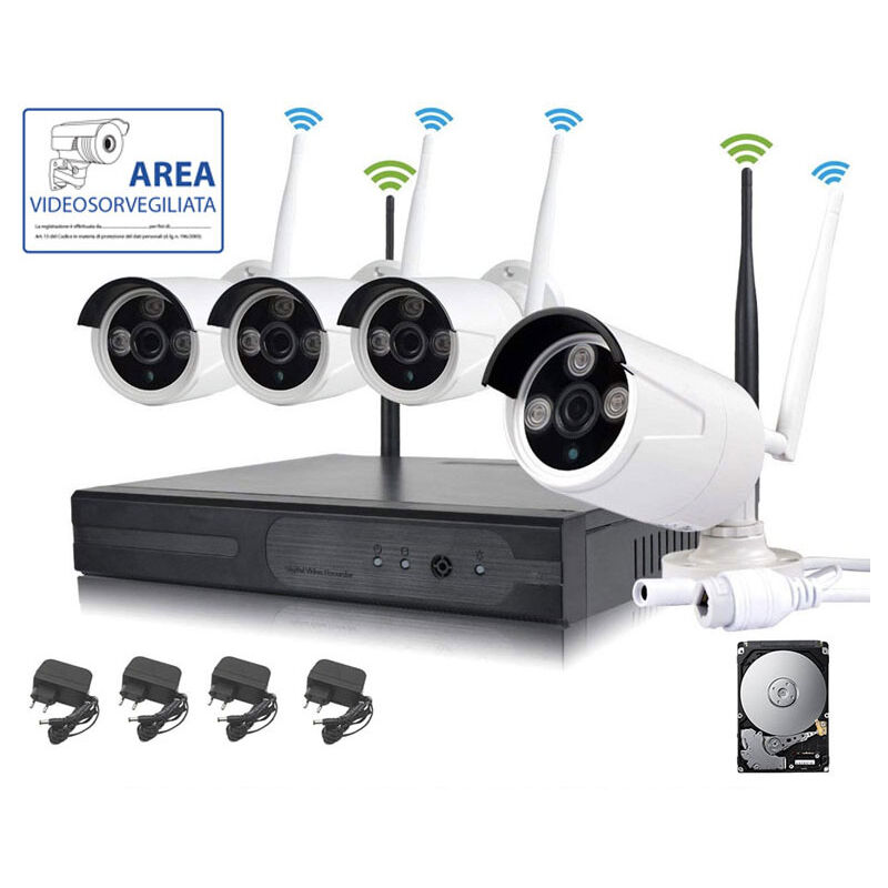 Kit de vidéosurveillance ip full hd sans fil 4 caméras 2 mpx wifi remote hd 500 gb