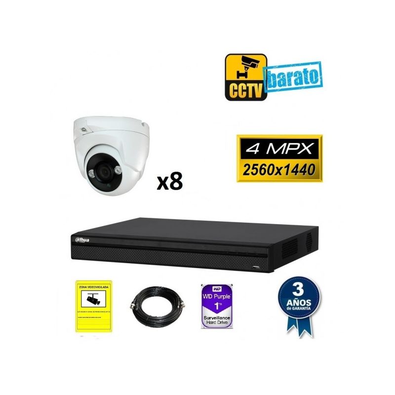 

Dahua - Kit de videovigilancia 8 cámaras domo 4Mpx exterior/interior óptica fija más grabador de 8 canales, Añadir mas memoria :1TB,Cambiar cables :