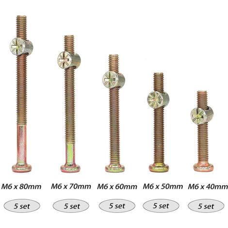 Kit de vis et écrous pour cadre de lit — Quincaillerie pour lits de bébé et fixations pour lits superposés (Lot de 25 vis M6 : 40 mm, 50 mm, 60 mm, 70 mm, 80 mm) — Kit d'assemblage de meubles