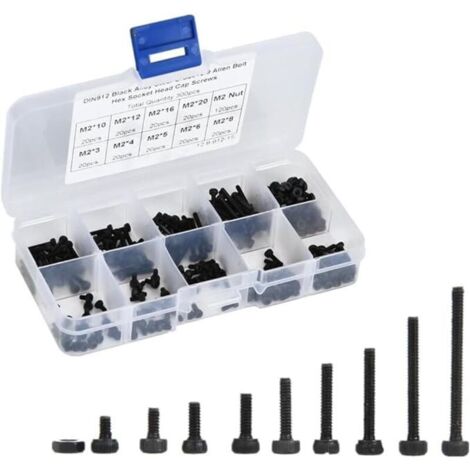 Kit de Vis Hexagonales M2 Noir en Acier Allié – 300 Pièces (Boulons + Écrous) – Assortiment Complet et Pratique