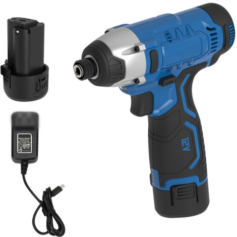 Kit de visseuse à percussion sans fil, perceuse à percussion hexagonale 1/4" avec batterie Li-ion 2,0 Ah/12 V, chargeur rapide 1 heure, vitesse variable 0-2100 tr/min, sac à outils bleu