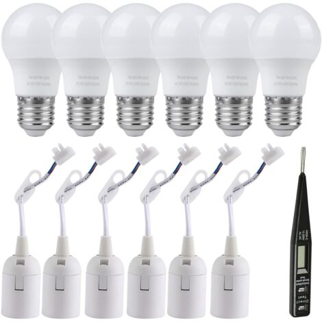 Kit d'éclairage E27 : 6 douilles et 6 ampoules LED 5W 6500K blanc froid - Douille E27 avec câble et testeur de tension - Montage mural - 230V - Matériau PET