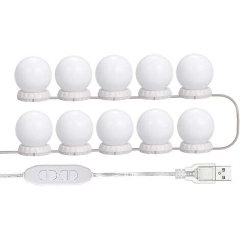 Kit d'éclairage LED  pour miroir de maquillage avec 10 ampoules réglables, 10 niveaux de luminosité et 3 modes, guirlande lumineuse USB pour miroir de maquillage