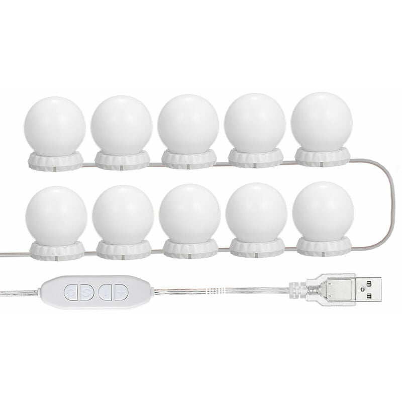 Kit D'Eclairage Miroir Led Pour Coiffeuse, Avec 10 Ampoules Reglables, 10 Luminosite Et 3 Modes D'Eclairage, Type Usb, Blanc - Blanc