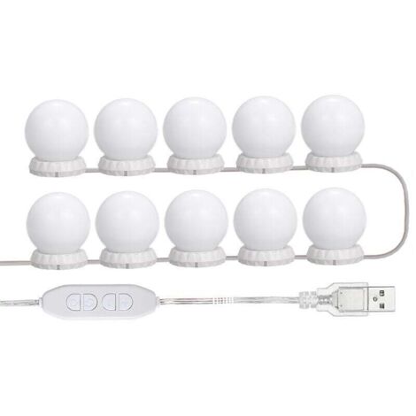 Kit D'Eclairage Miroir Led Pour Coiffeuse, Avec 10 Ampoules Reglables, 10 Luminosite Et 3 Modes D'Eclairage, Type Usb, Blanc - Blanc-