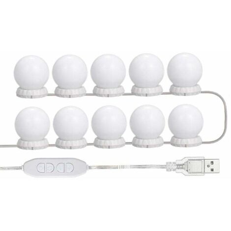 Kit D'Eclairage Miroir Led Pour Coiffeuse, Avec 10 Ampoules Reglables, 10 Luminosite Et 3 Modes D'Eclairage, Type Usb, Blanc - Blanc,
