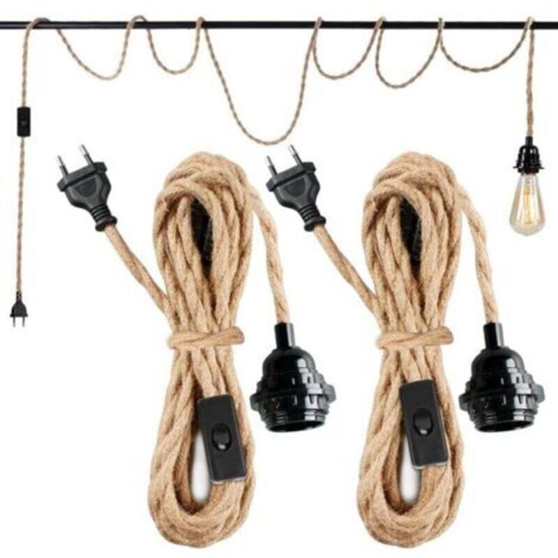 Kit d'éclairage suspendu avec interrupteur à brancher Lampe en tissu vintage avec ensemble de douilles de lampes suspendues en corde de chanvre