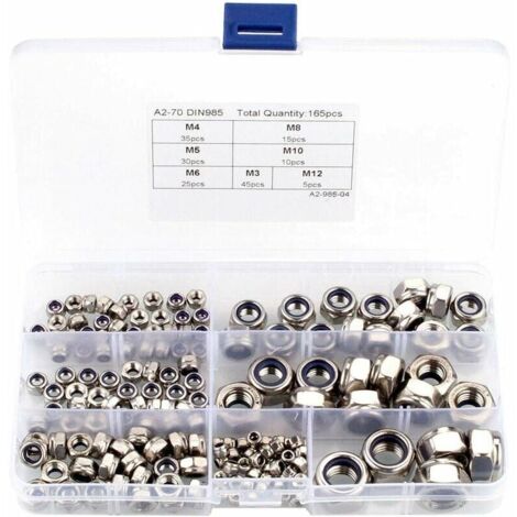 Kit d'écrous de blocage en nylon 165 pièces – Acier inoxydable 304 – Écrous M3 M4 M5 M6 M8 M10 M12 – Coffret de rangement inclus - 165Pcs