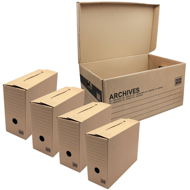 Lot de 4 boites archives Taille m - 54 x 36 x 28 cm - Caisse de stockage incluse - Pack And Move