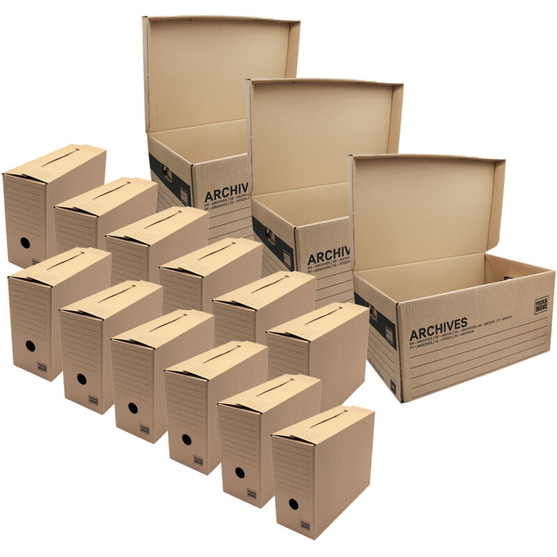 Lot de 12 boites archives Taille xl - 54 x 36 x 28 cm - Caisse de stockage incluse - Pack And Move