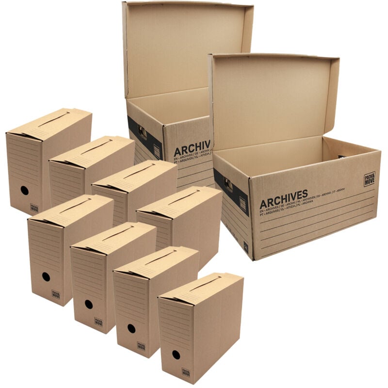 Lot de 8 boites archives Taille l - 54 x 36 x 28 cm - Caisse de stockage incluse - Pack And Move