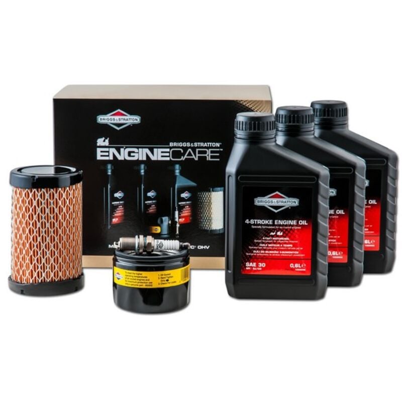 Kit d'entretien pour autoportées Série 4, modèle 31 BRIGGS & STRATTON. Composé de trois bidons d'huile de 0,6 L SAE30, d'un filtre à air, d'un filtre