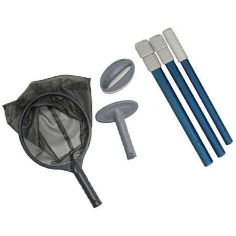 Kit d'entretien professionnel pour piscine comprenant un filet, une éponge, une brosse et des tuyaux en aluminium.