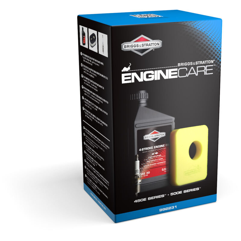 Kit d'entretien tondeuse pour moteurs BRIGGS & STRATTON séries 450E, 500E. Composé d'un bidon d'huile de 0,5 L SAE30, d'un filtre à air et d'une