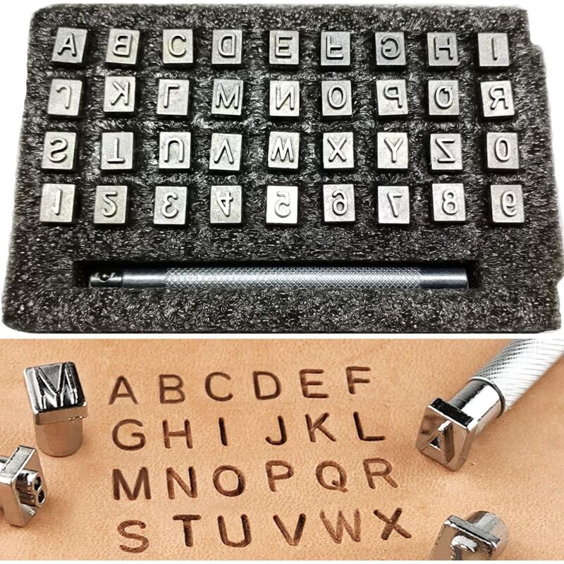 Kit d'Estampage Cuir 37 Pièces Poinçons Métal Acier Argenté (26 Lettres + 10 Chiffres) avec Poignée Ergonomique Outils Professionnels pour