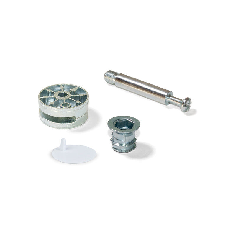 Lot de 10 excentriques diamètre 35mm avec boulon M8 et écrou avec capuchon en plastique blanc, pour panneau de 20mm, Zamak et Acier - Emuca