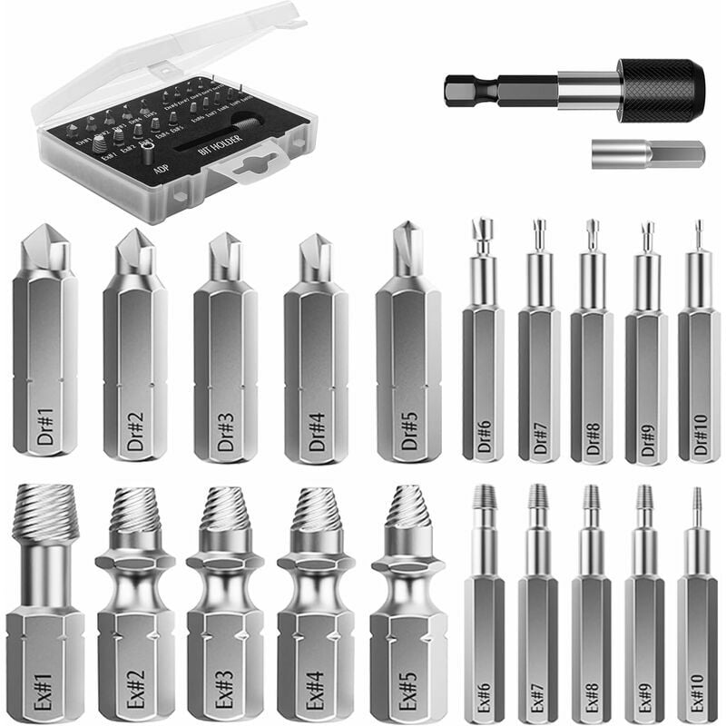 Ensoleille - Kit d'Extracteur de Vis Cassé, 22 pcs Outils d'Extraction Améliorés en Acier Allié hss 4341 avec Mèches 2 Porte-embouts d'Extension