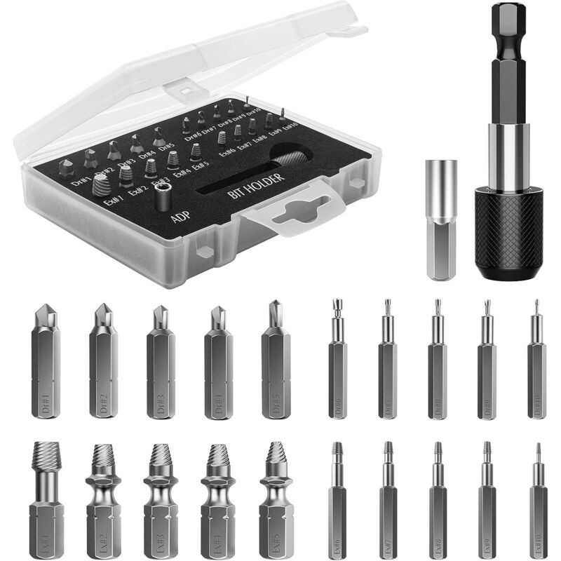 Kit d'Extracteur de Vis Cassé, 22 pcs Outils d'Extraction Améliorés en Acier Allié hss 4341 avec Mèches 2 Porte-embouts d'Extension Magnétique