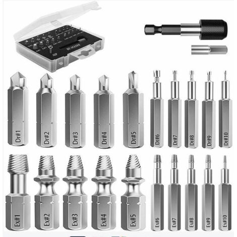 Kit d'Extracteur de Vis Cassé, 22 PCS Outils d'Extraction Améliorés en Acier Allié HSS 4341 avec Mèches 2 Porte-embouts d'Extension Magnétique Adaptateur de Prise pour Boulon Endommagé, Noir