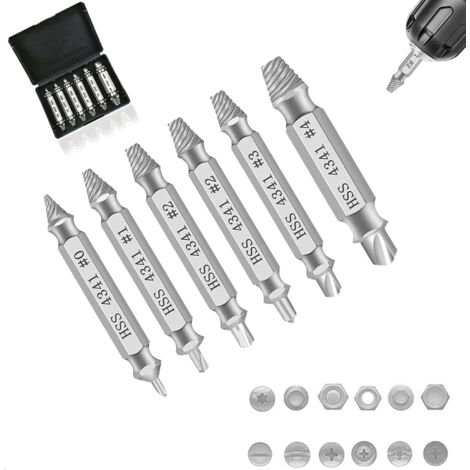 Kit d'extracteurs de vis, 6 pièces. Extracteur de vis endommagées en acier rapide 4341, dureté 62-63 HRC, pour retirer facilement les vis rouillées ou endommagées.