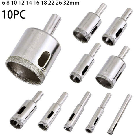 Kit di 10 punte da trapano in vetro diamantato, set di punte da trapano di diverse dimensioni per la perforazione di piastrelle in vetro e marmo, compatibile con 6-32 mm