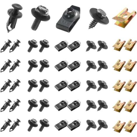 Kit di 100 elementi di fissaggio universali per auto, viti per sottoscocca, viti per parafanghi, clip in plastica, rivetti di fissaggio - Kit di dadi a U universali, bulloni per carrozzeria parafango