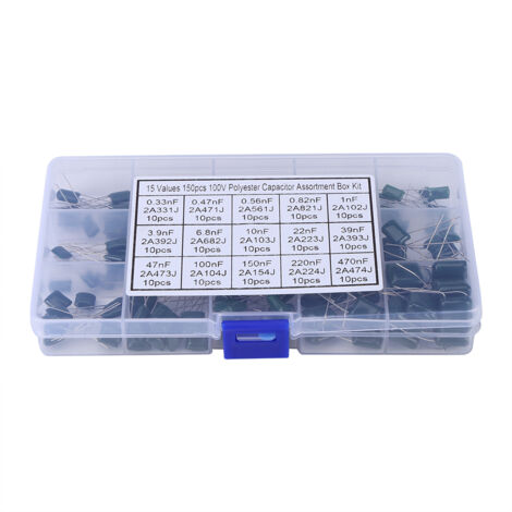 Kit di 150 condensatori a film di poliestere da 100 V, 15 valori, da 0,33 nF a 470 nF (scatola).
