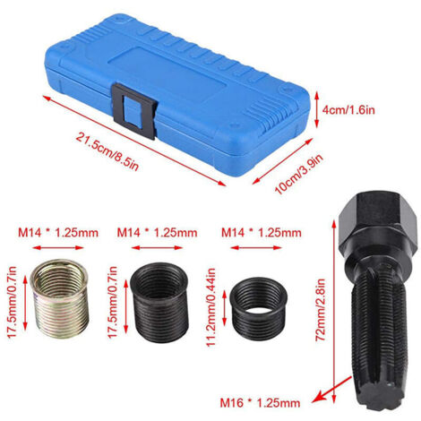 Kit di 16 attrezzi per la riparazione della filettatura delle candele, maschio M16 da 14 mm x 1,25 con custodia, kit Helicoil portatile per candele, kit per la riparazione/rifilettatura della filettat