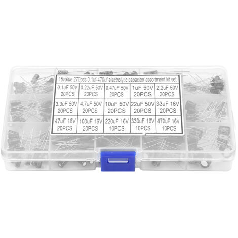 Kit di 270 condensatori elettrolitici assortiti (15 valori): da 0,1 µF 50 V a 470 µF 16 V