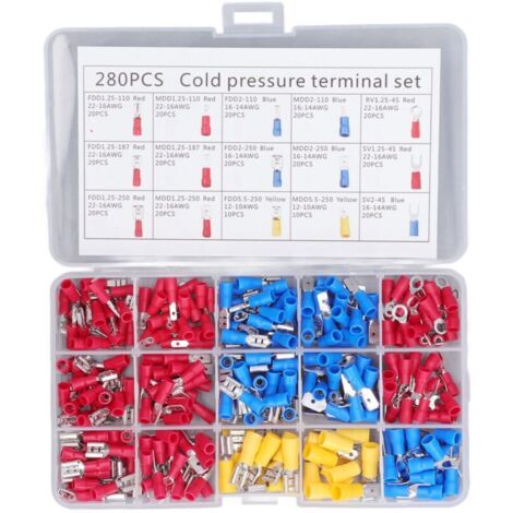 Kit di 280 terminali a forcella ad anello isolato con anima in ottone pressato a freddo, ad alta conduttività, per applicazioni automobilistiche e marine, DUBUNS