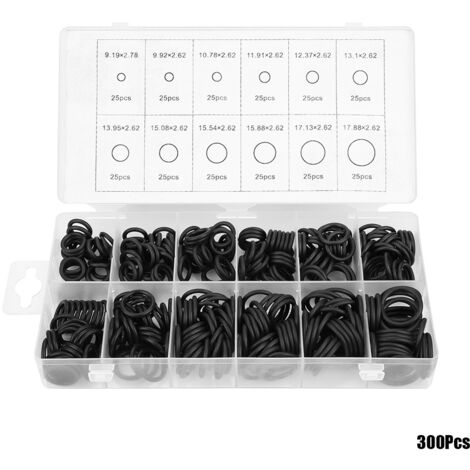 Kit di 300 O-ring neri assortiti, 12 misure, realizzati in gomma universale.