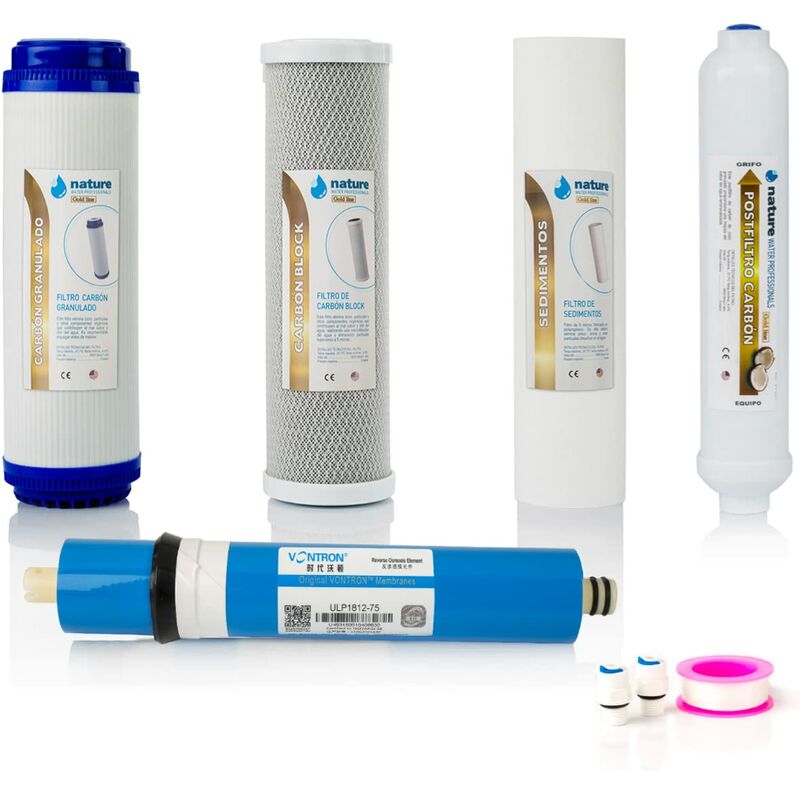 Kit di 4 filtri per osmosi inversa standard - Include membrana Vontron 75GDP per apparecchiature a 5 stadi universale, connettori e rotolo teflon