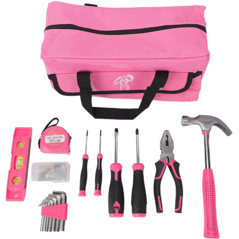 Kit di attrezzi da casa da 18 pezzi per donne e principianti: martello, chiavi inglesi, cacciaviti. Valigetta rosa portatile, set completo di utensili manuali.