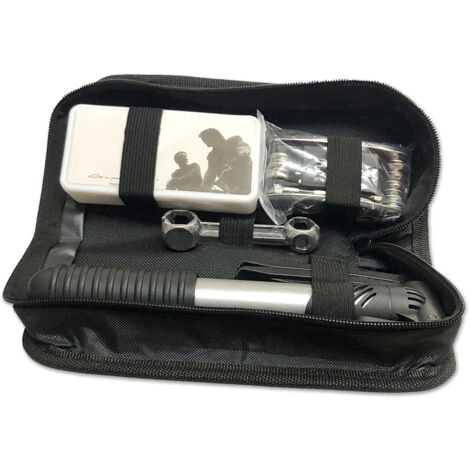 Kit di attrezzi per la riparazione di pneumatici per bicicletta 16 in 1, bicicletta multifunzionale con mini pompa, toppa per pneumatici da meccanico, chiave inglese solida, borsa portatile.