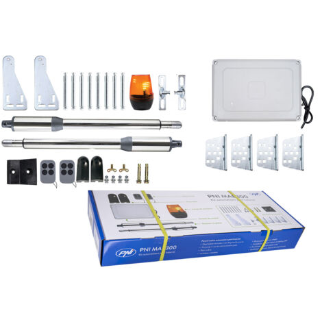 Kit di automazione porte a battente PNI MAB300, con 2 motori da 40W, telecomandi e pannello di controllo, fotocellule e lampada, lunghezza cancello 2 x 2,5m max, peso cancello 200Kg