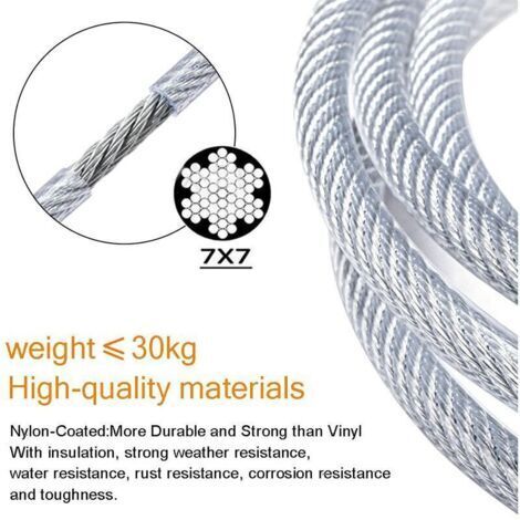 Kit di cavi in acciaio inox, cavo in acciaio rivestito da 2 mm e 30 m + occhiello a vite + tendicavo in acciaio inox + vite, sospensione per stendibiancheria con cavo in acciaio rivestito in PVC per t